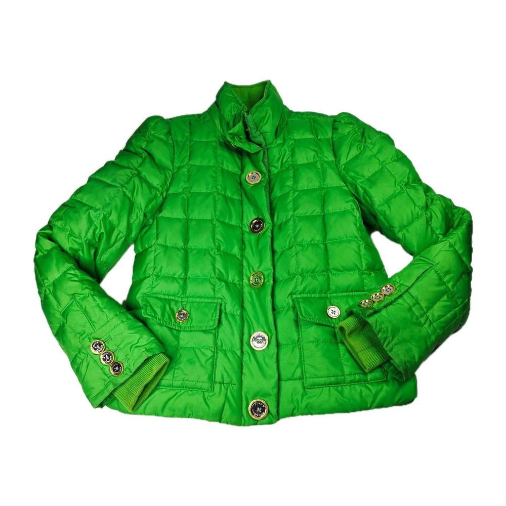 Juicy Couture Womens Quilted Puffer Jacket Coat Green‎ Gold Button Size Small